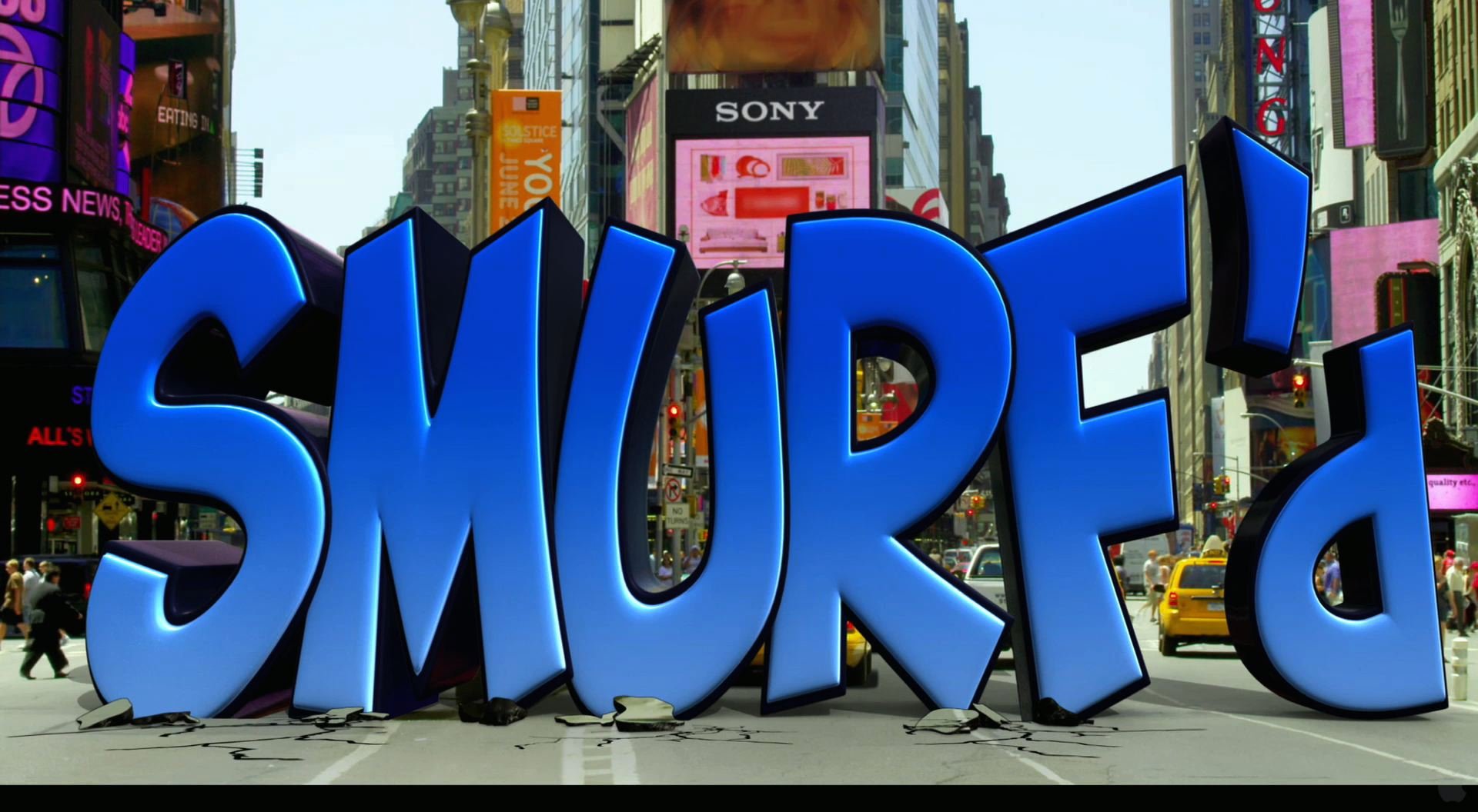 HD PC desktop wallpaper/background showing The Smurfs movie title in giant blue 3D letters spanning a busy city street backdrop.