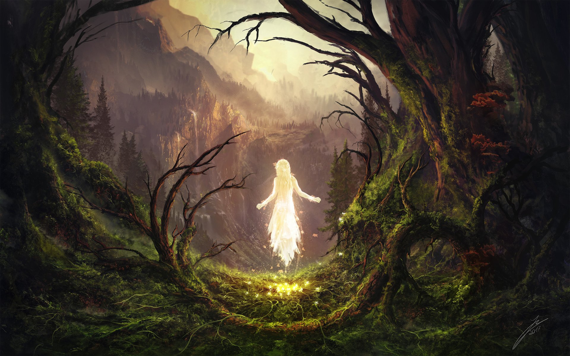 A glowing fairy floats in a mystical forest clearing surrounded by twisted trees, illuminated by soft golden light in this HD fantasy desktop wallpaper.