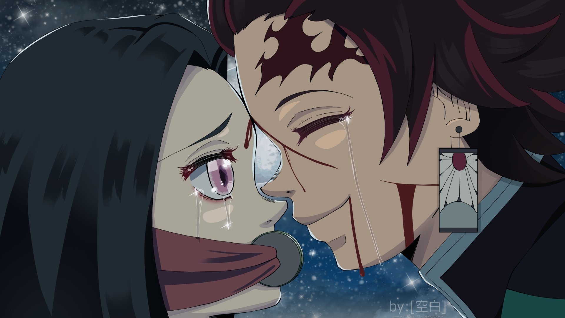 HD desktop wallpaper featuring Nezuko Kamado and Tanjiro Kamado from the anime Demon Slayer: Kimetsu no Yaiba, sharing a poignant moment with tears in their eyes.