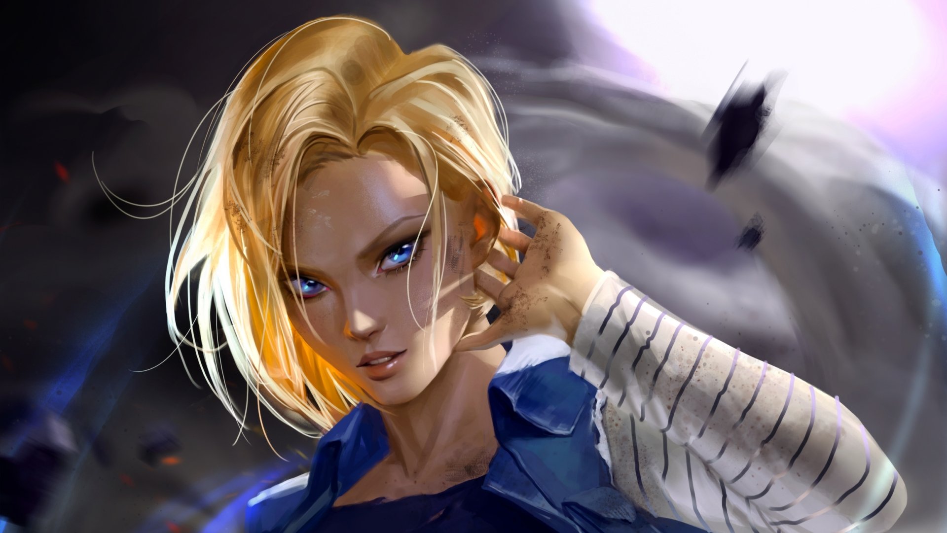 Android 18 (Dragon Ball) in anime-style HD PC desktop wallpaper: close-up of blonde, blue-eyed Android 18 from Dragon Ball Z with wind-swept hair and a smoky, dramatic background.