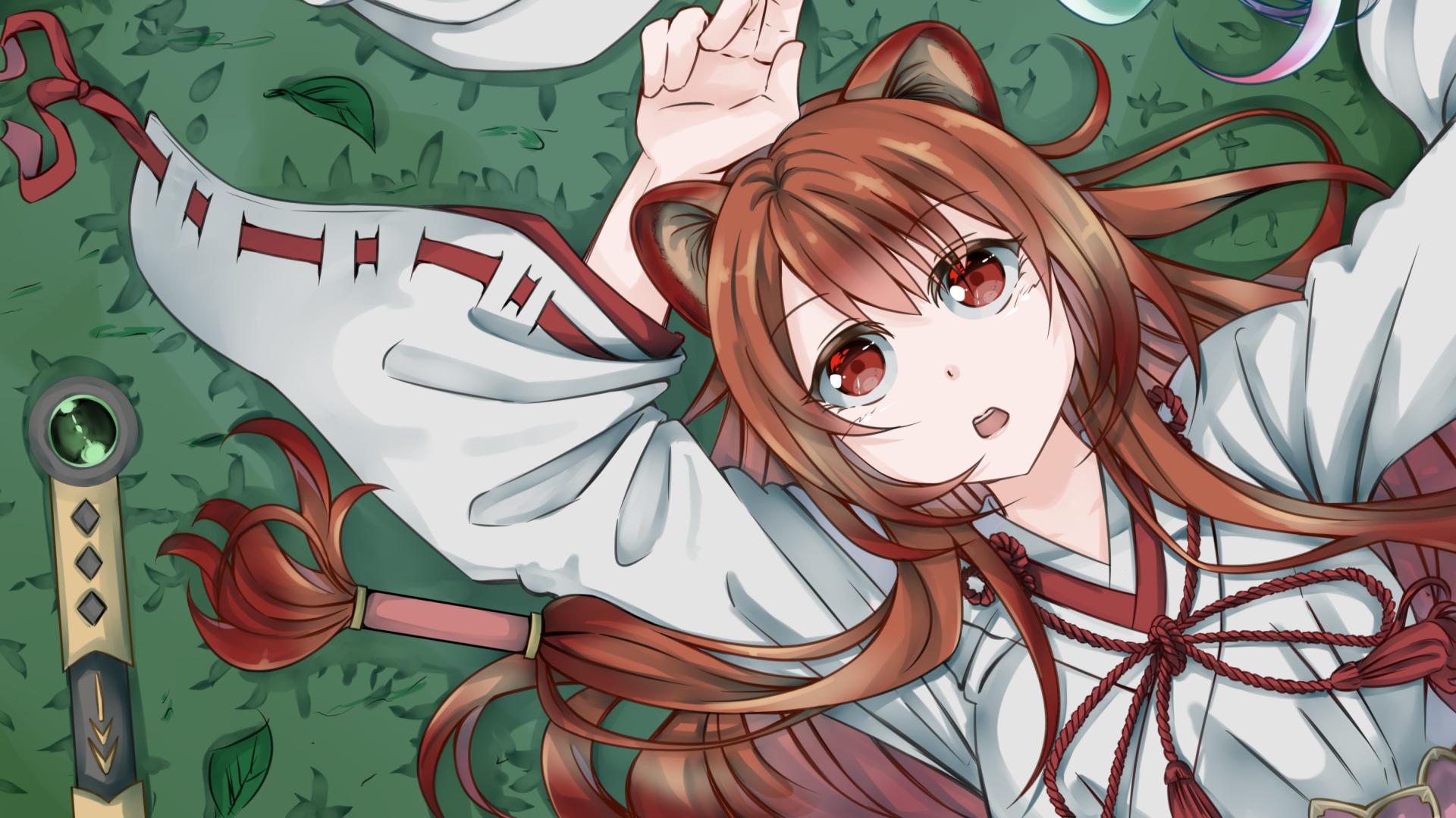 Raphtalia from The Rising of the Shield Hero, anime-style, reclining on green foliage with flowing reddish-brown hair and red eyes — 2K Quad HD PC desktop wallpaper.