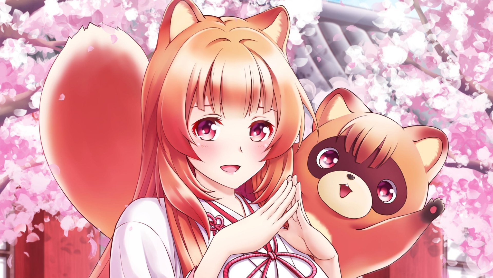 HD PC desktop wallpaper featuring Raphtalia from The Rising of the Shield Hero anime, surrounded by cherry blossoms with a small raccoon-like companion.