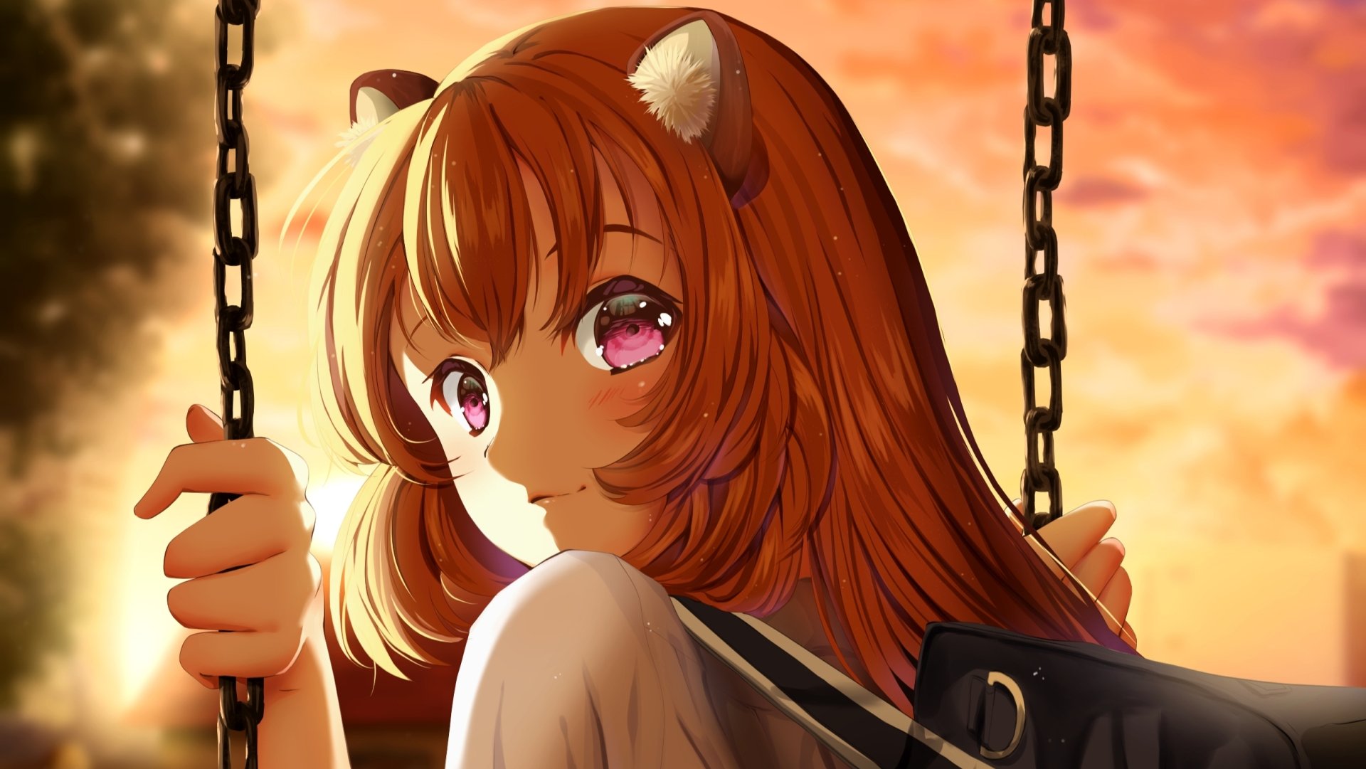 HD PC desktop wallpaper featuring Raphtalia from the anime The Rising of the Shield Hero, depicted with vibrant colors against a warm sunset background.