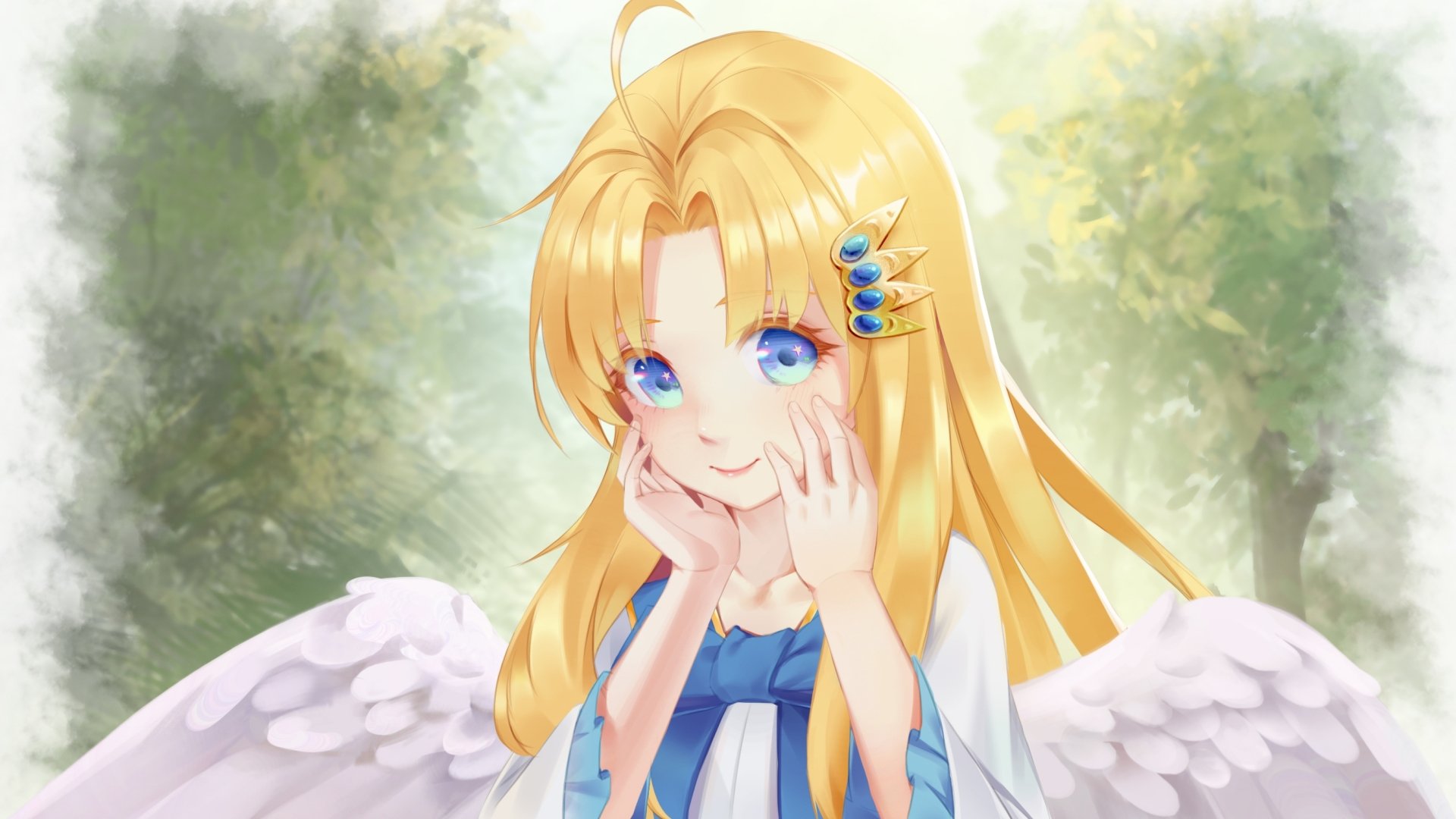 Filo (The Rising of The Shield Hero) anime HD PC desktop wallpaper: bright portrait of blonde, blue-eyed winged girl smiling with angelic wings against a sunlit forest background.