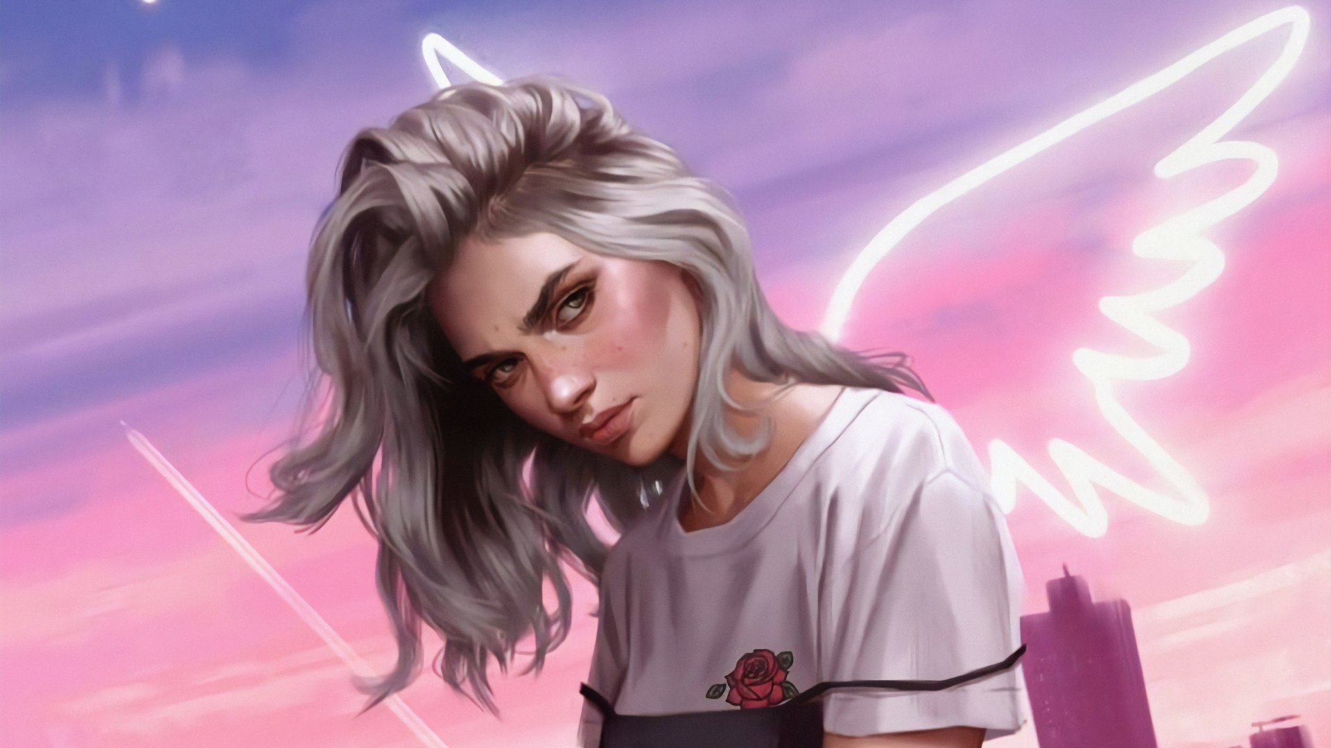 Fantasy portrait of a white-haired woman with glowing angelic wings over a pink sky, 4K Ultra HD PC desktop wallpaper and background.