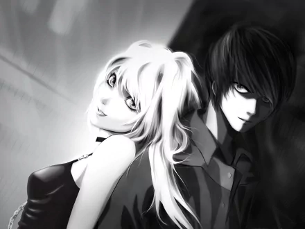 High-definition anime wallpaper featuring characters from Death Note, showcasing a dynamic black and white design with striking contrasts and expressions.