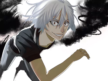 HD PC wallpaper of Accelerator (A Certain Magical Index / A Certain Scientific Accelerator): white-haired with a sinister grin and red eyes, crouched in a dynamic pose with dark, smoky energy behind him.