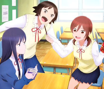 2K Quad HD wallpaper of Nozomu Tanaka, Shiori Saginomiya, and Akane Kikuchi from Wasteful Days of High School Girl—three cheerful anime classmates chatting in a sunlit classroom.