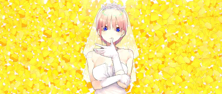 Anime-style 4K wallpaper of Ichika Nakano from The Quintessential Quintuplets as a blue-eyed bride with short pink hair against a bright yellow floral background.