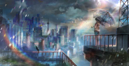 HD anime desktop wallpaper of Hina Amano from Weathering with You holding an umbrella, overlooking a rainy cityscape with dramatic clouds and sunlight breaking through.