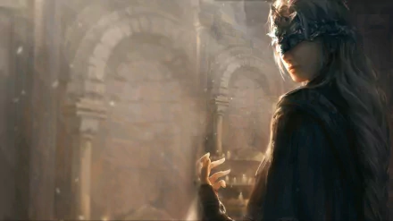 HD PC desktop wallpaper featuring a mysterious character from the video game Dark Souls III, set against a dimly lit, ancient stone archway background.