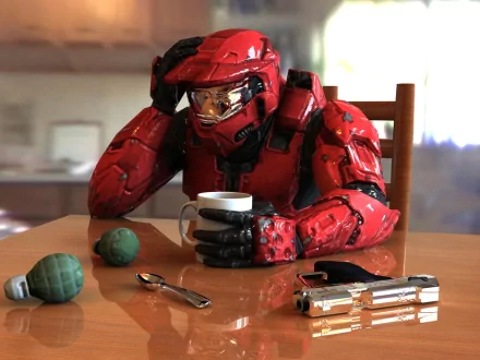 An HD wallpaper featuring a red-armored Halo character seated at a table, holding a coffee mug, with grenades, a spoon, and a gun placed on the table.