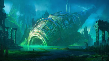 HD sci-fi PC desktop wallpaper: a moss-covered ruined spaceship half-buried in a glowing green lagoon, set among ancient stone ruins and misty alien mountains.
