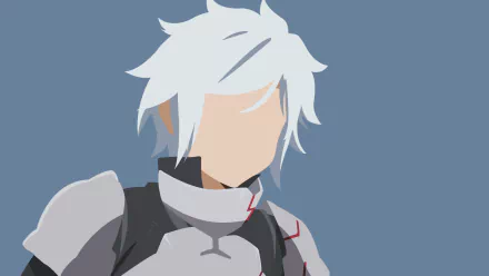 Minimalist HD anime wallpaper featuring Bell Cranel from Is It Wrong to Try to Pick Up Girls in a Dungeon? with his white hair and armor against a muted blue background.