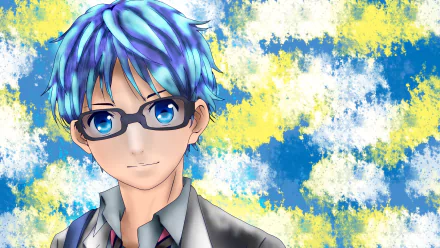 HD PC wallpaper of Kousei Arima (Your Lie in April): anime close-up with blue hair and glasses against a painterly blue-yellow background.