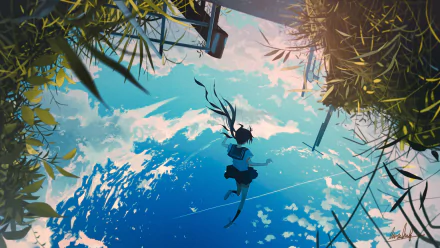 Anime-style HD desktop wallpaper depicting a character falling from a structure against a backdrop of blue skies and clouds, framed by lush green foliage.