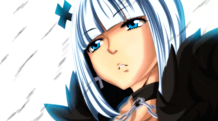Close-up HD PC desktop wallpaper of Brandish μ from the anime Fairy Tail, featuring her striking blue eyes and silver hair with a detailed, dynamic background.