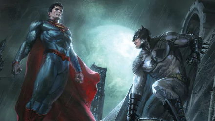HD desktop wallpaper featuring Superman and Batman from DC Comics, standing in a dramatic, rain-soaked scene with a full moon in the background.