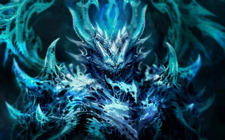 HD desktop wallpaper featuring a fearsome dark demon, intricately designed with glowing blue and turquoise hues, against a shadowy background.