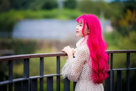 lipstick pink hair depth of field model long hair woman asian HD Desktop Wallpaper | Background Image