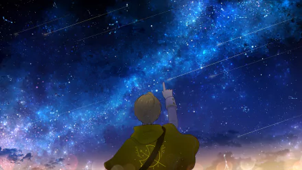Anime-style original artwork showcasing a figure pointing at a vivid starry night sky, rendered in 4K Ultra HD as a PC desktop wallpaper and background.