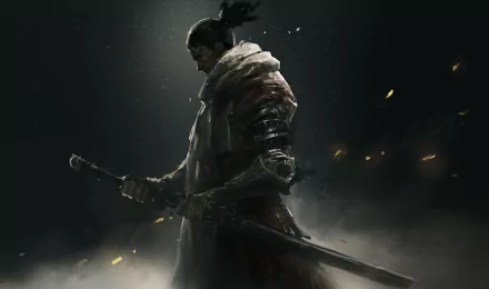 HD desktop wallpaper and background of Sekiro: Shadows Die Twice, featuring a lone warrior holding a sword, surrounded by a dark, misty atmosphere with subtle glowing embers.