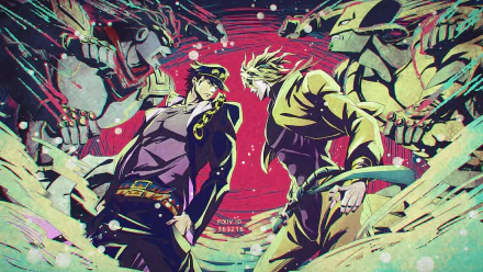 HD wallpaper depicting Jotaro Kujo and Dio Brando from JoJo's Bizarre Adventure: Stardust Crusaders, accompanied by their stands, Star Platinum and The World, set against a dynamic, colorful background.