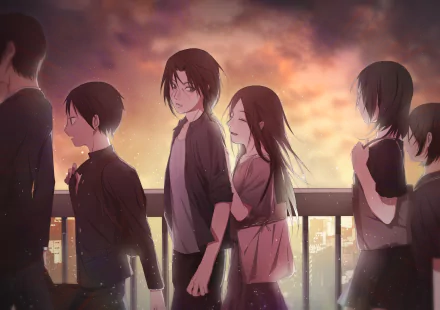 A 4K Ultra HD anime wallpaper featuring Izumi Uchiha and Itachi Uchiha from Naruto, depicted together in a serene, sunset-lit urban setting.