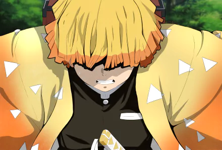 Zenitsu Agatsuma from Demon Slayer: Kimetsu no Yaiba is depicted in sharp 4K Ultra HD quality, making a dynamic anime PC desktop wallpaper and background.