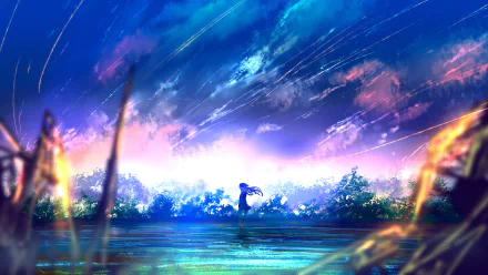 HD anime wallpaper featuring an original, serene landscape with a figure standing by a tranquil lake under a vibrant, star-filled sky with streaks of light.