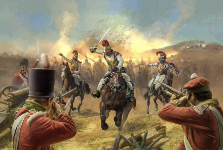 HD PC desktop wallpaper: cavalry charge—mounted horse officers lead a chaotic battlefield assault with man-made weapons and uniforms, capturing the Risk board game war atmosphere.