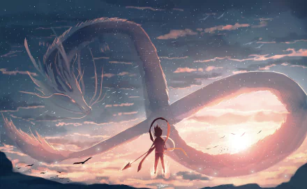 An original anime HD desktop wallpaper featuring a majestic dragon soaring in the sky above a silhouetted figure, blending fantasy and sky elements in vivid detail.