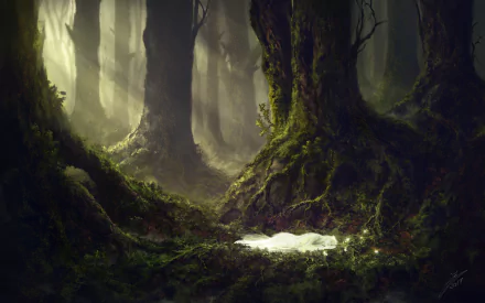 A serene fantasy forest scene with a sleeping fairy nestled on the mossy ground, bathed in soft, mystical light filtering through towering ancient trees.