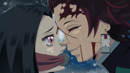 HD desktop wallpaper featuring Nezuko Kamado and Tanjiro Kamado from the anime Demon Slayer: Kimetsu no Yaiba, sharing a poignant moment with tears in their eyes.