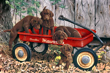 HD painting of four brown puppies playing around and inside a red wagon amid fallen leaves in a rustic fall setting, used as a PC desktop wallpaper background.