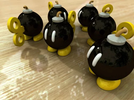 HD PC desktop wallpaper featuring several Bob-ombs from the Super Mario video game series on a wooden surface.