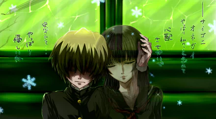 2K Quad HD wallpaper of Tasogare Otome x Amnesia: Teiichi Niiya and ghost Yuuko Kanoe sit close in a green-lit train carriage, snowflakes falling and Japanese text overlay.