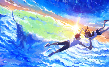 HD anime desktop wallpaper from Weathering with You shows Hodaka Morishima and Hina Amano soaring through vibrant clouds at sunset.