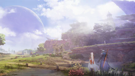 4K Ultra HD PC desktop wallpaper featuring a scenic landscape from the video game Tales of Arise with two characters overlooking a vibrant, misty valley under a bright sky.