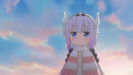 HD PC desktop wallpaper featuring Kanna Kamui from the anime Miss Kobayashi's Dragon Maid against a pastel sky background.