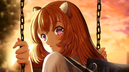 HD PC desktop wallpaper featuring Raphtalia from the anime The Rising of the Shield Hero, depicted with vibrant colors against a warm sunset background.