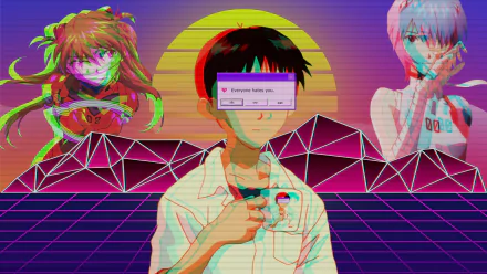 HD desktop wallpaper featuring neon vaporwave style art of Shinji Ikari with a pixelated alert covering his eyes, and Asuka Langley Soryu, and Rei Ayanami in the background from Neon Genesis Evangelion.