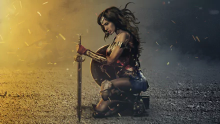 Gal Gadot as Diana Prince from DC Comics' Wonder Woman, kneeling with sword and shield in a dramatic 4K Ultra HD movie wallpaper background.