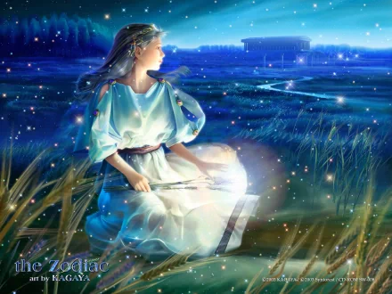 Fantasy-themed HD PC desktop wallpaper featuring a luminous woman in flowing robes holding a glowing staff, surrounded by sparkling lights in a mystical landscape.