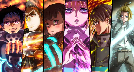 HD desktop wallpaper featuring characters from the anime Fire Force, showcasing them in vibrant colors and dynamic poses with fire and light effects.