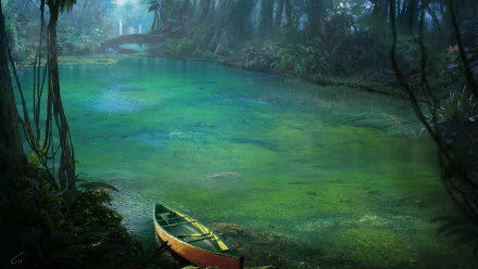 A serene fantasy rainforest scene with lush greenery and a small boat resting on the calm water, captured in HD as a vibrant jungle forest desktop wallpaper.