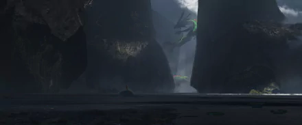 HD desktop wallpaper featuring a dramatic anime scene from Pokemon, showcasing a large, majestic Pokemon emerging between towering cliffs under a shadowy, atmospheric sky.