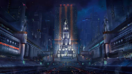 Futuristic sci-fi cityscape at night featuring towering communist-inspired skyscrapers and monumental architecture, glowing with neon lights in a dark, atmospheric setting.