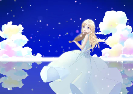 HD anime desktop wallpaper featuring Kaori Miyazono from Your Lie in April playing violin under a starry sky with pastel clouds reflected on a calm surface.