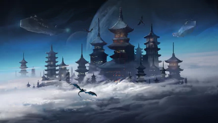 HD wallpaper depicting a sci-fi city with Japanese-style castles surrounded by clouds, spaceships, and dragons in a fantasy setting.